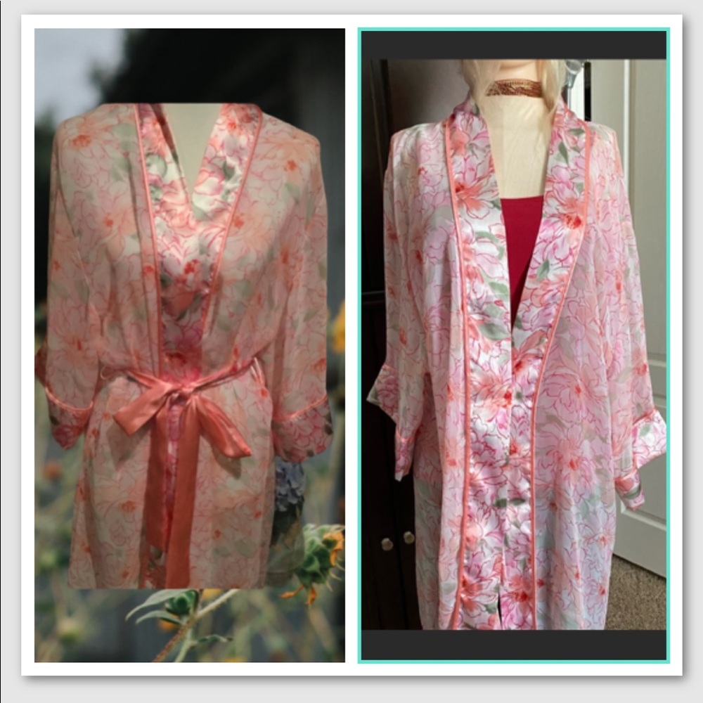 Delicates Pink Floral Sheer Satin Robe Kimono XL